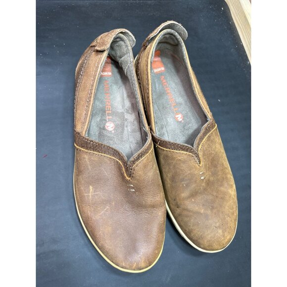 Merrell Womens Size 5 Slip-On Distressed Brown Leather Casual Flats Shoes - Picture 2 of 9